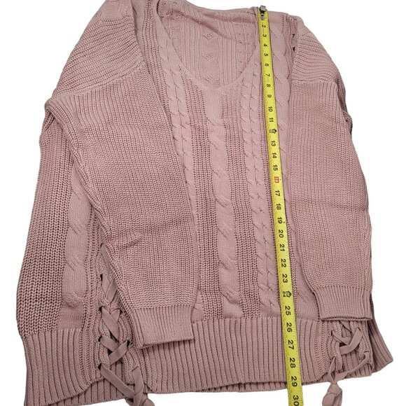 Cable-Knit Lace-Up Tunic Sweater V-Neck Long Sleeve Oversized Fit Pink X-Large - Picture 9 of 11